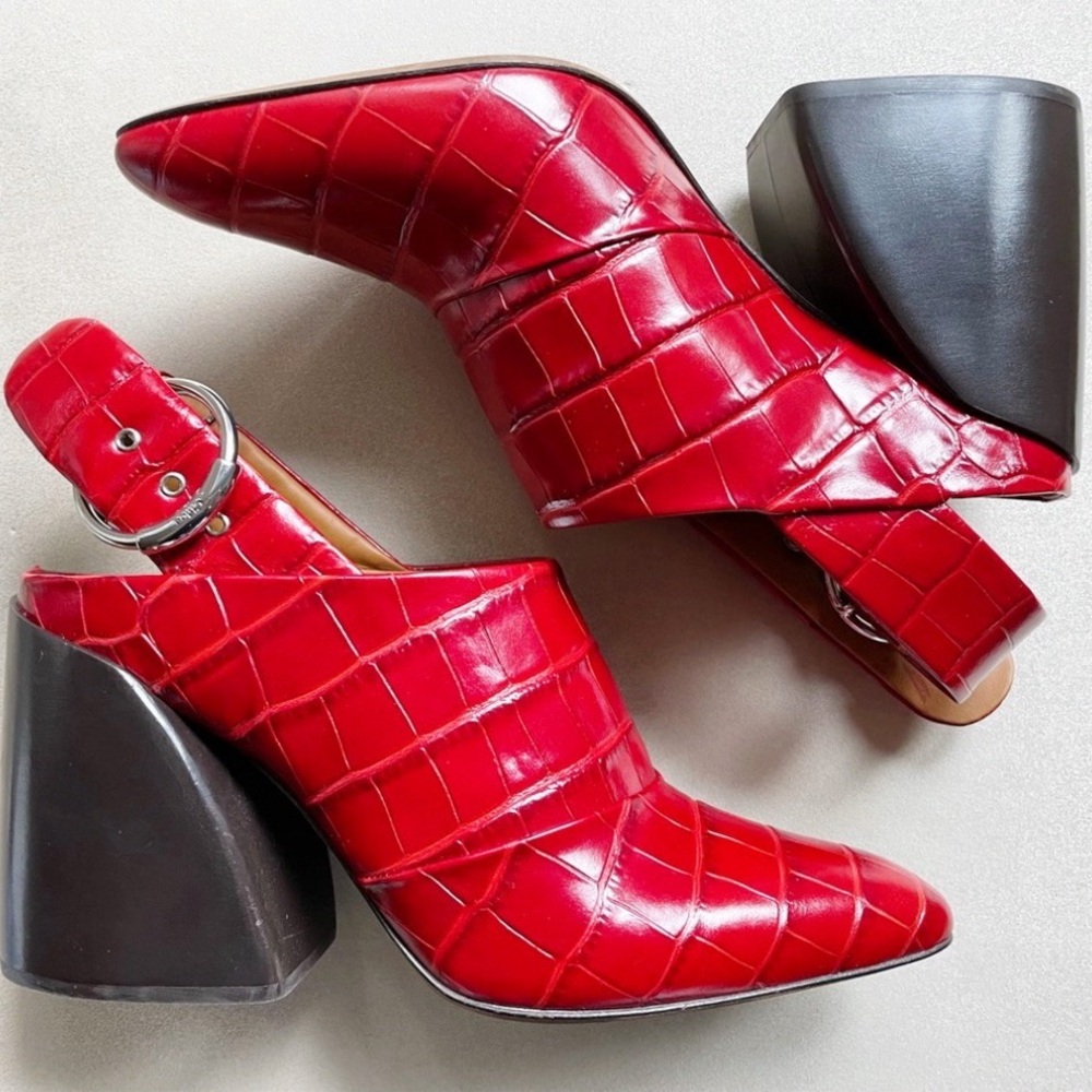 Chloe Red Croc-Embossed Heeled Mules
